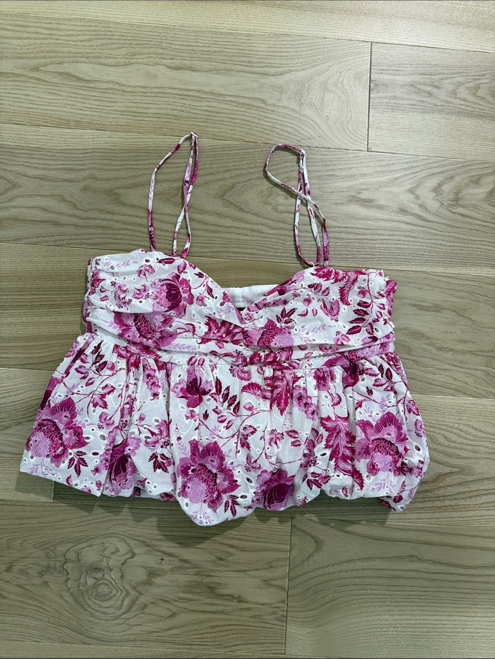 Zara White and Pink Floral Eyelet Spaghetti-Strap Top - Picture 4 of 10